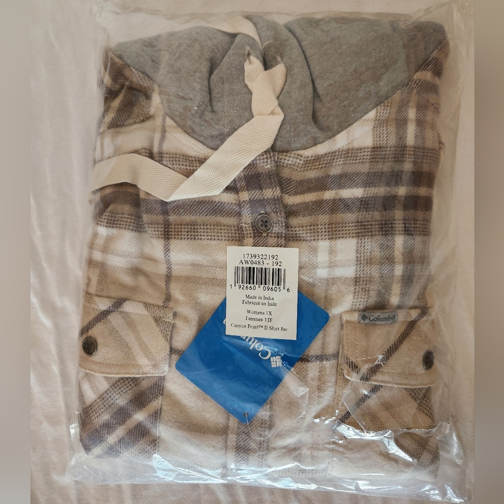 Columbia Women's Canyon Point II Flannel Hooded Shirt Jacket, 1x Tan/Gray NWT